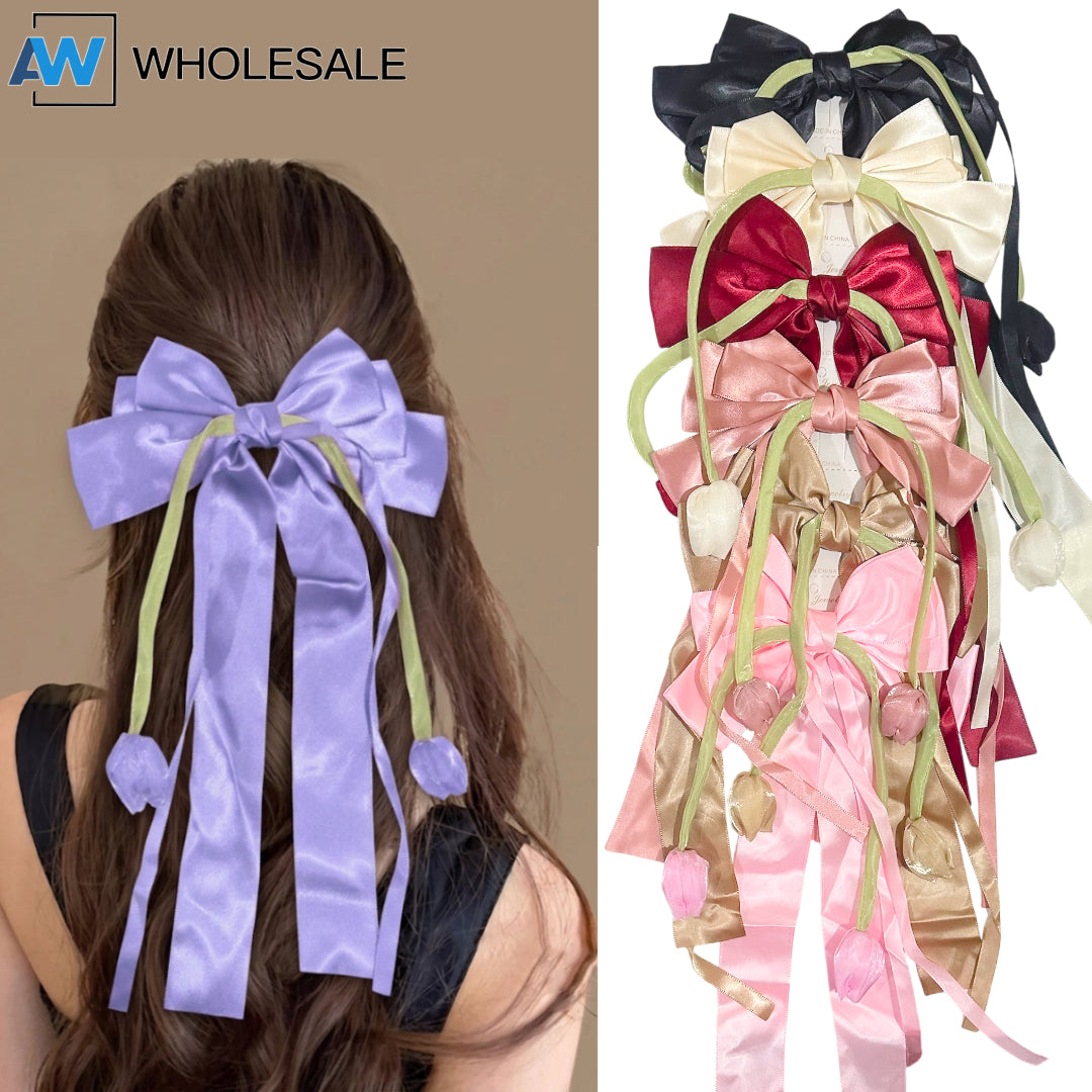 HPN-2587 (12 pcs) Tulip Ribbon Bow Hair Clips