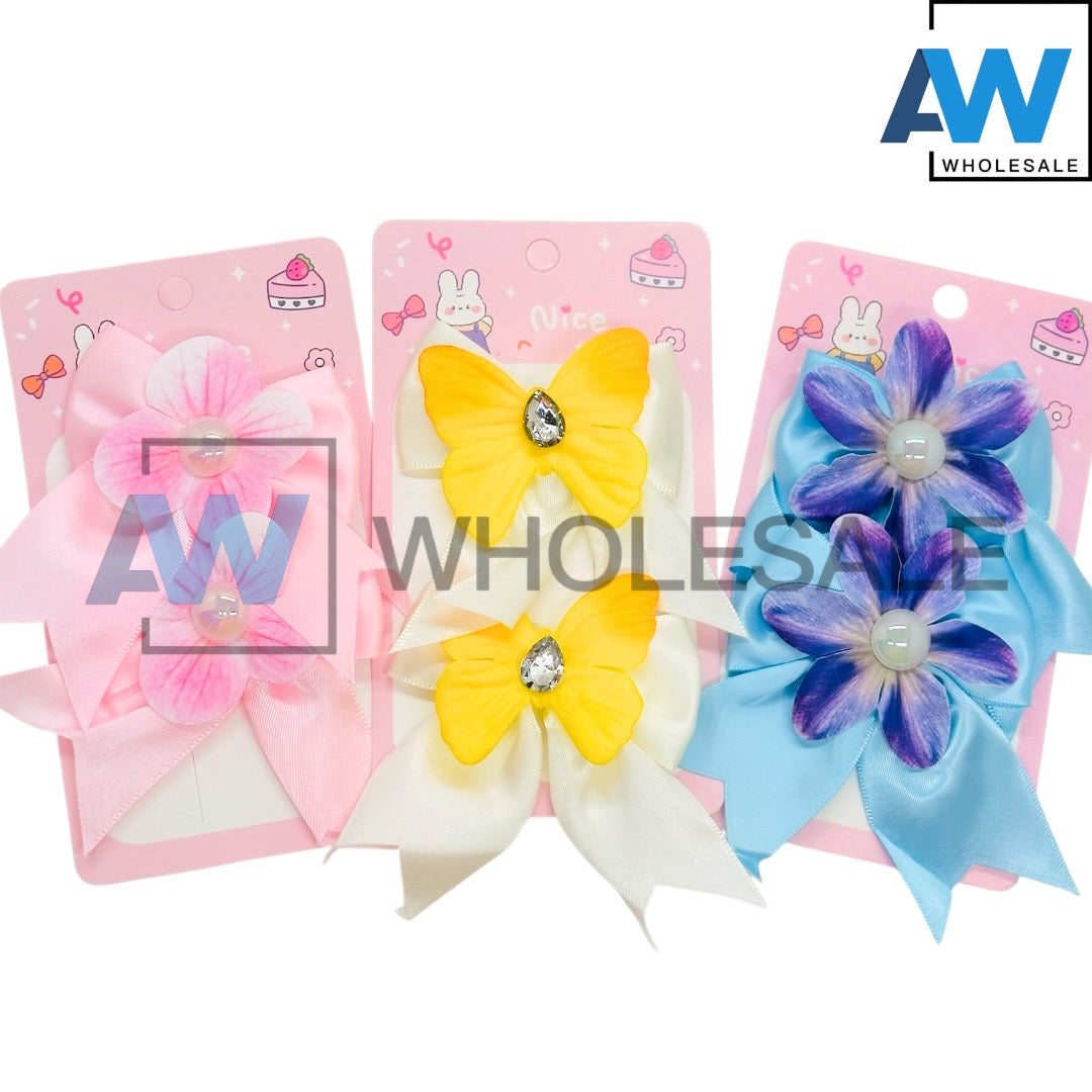 HPN-2590 (12 cards) Pearl Ribbon 2 in 1 Hair Clip Set