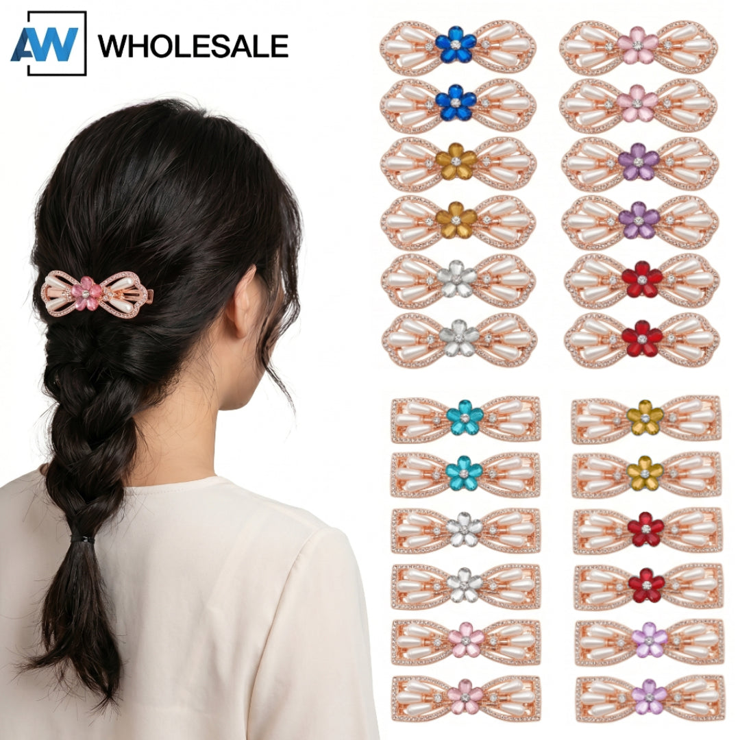 HPN-2609 (12 pcs) Gemstone Flower Pearl Metallic Hair Clips