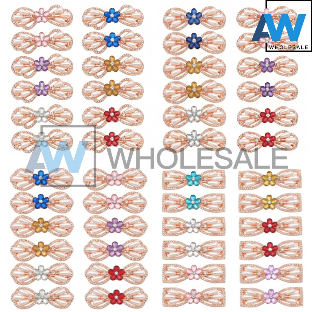 HPN-2609 (12 pcs) Gemstone Flower Pearl Metallic Hair Clips