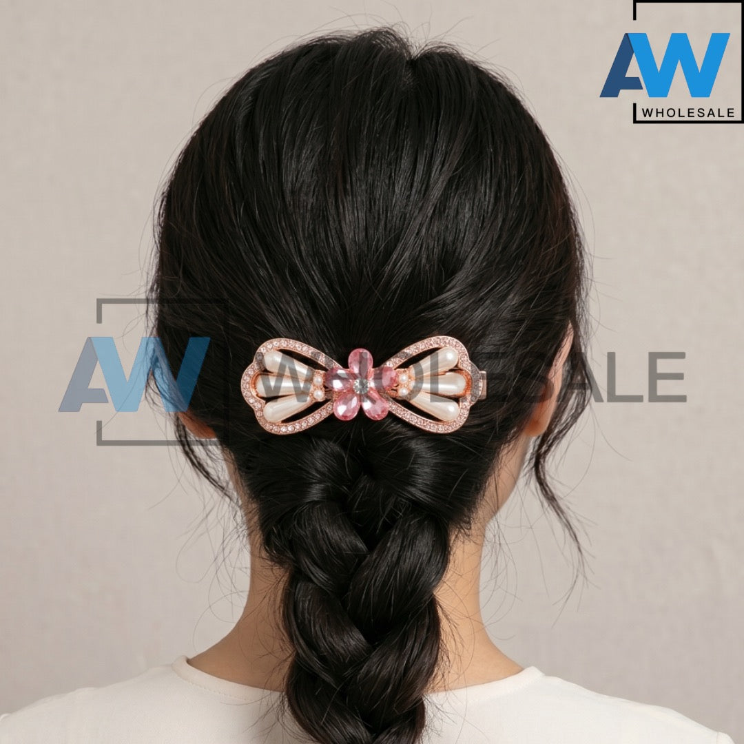 HPN-2609 (12 pcs) Gemstone Flower Pearl Metallic Hair Clips