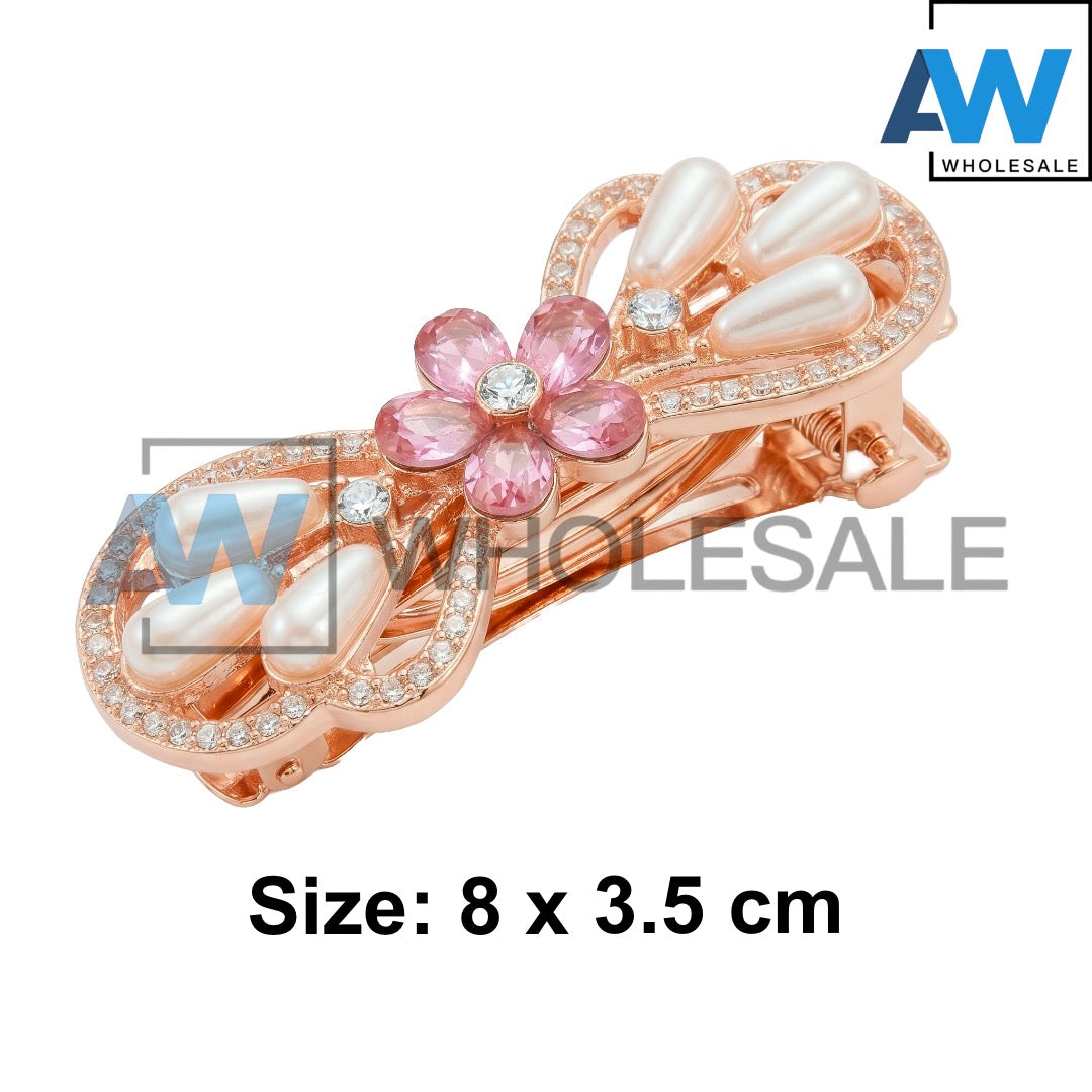 HPN-2609 (12 pcs) Gemstone Flower Pearl Metallic Hair Clips