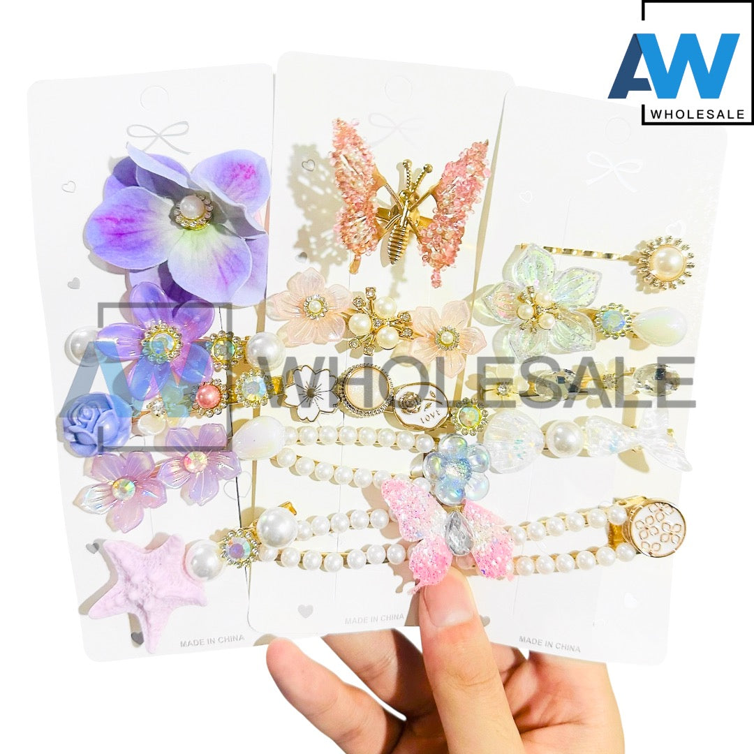 HPN-2610 (12 cards) 5 in 1 Butterfly & Pearl Hair Clip Set