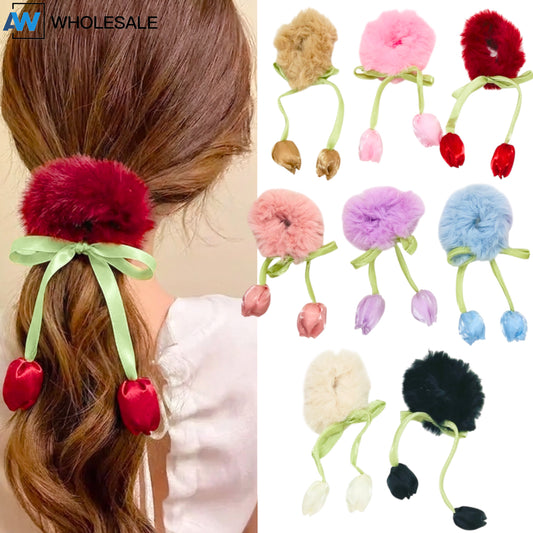 HPN-2618 (10 pcs) Tulip Faux Fur Scrunchies