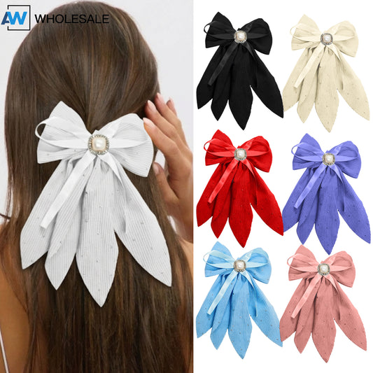 HPN-2619 (10 pcs) Gemstone Ribbon Bow Hair Clip