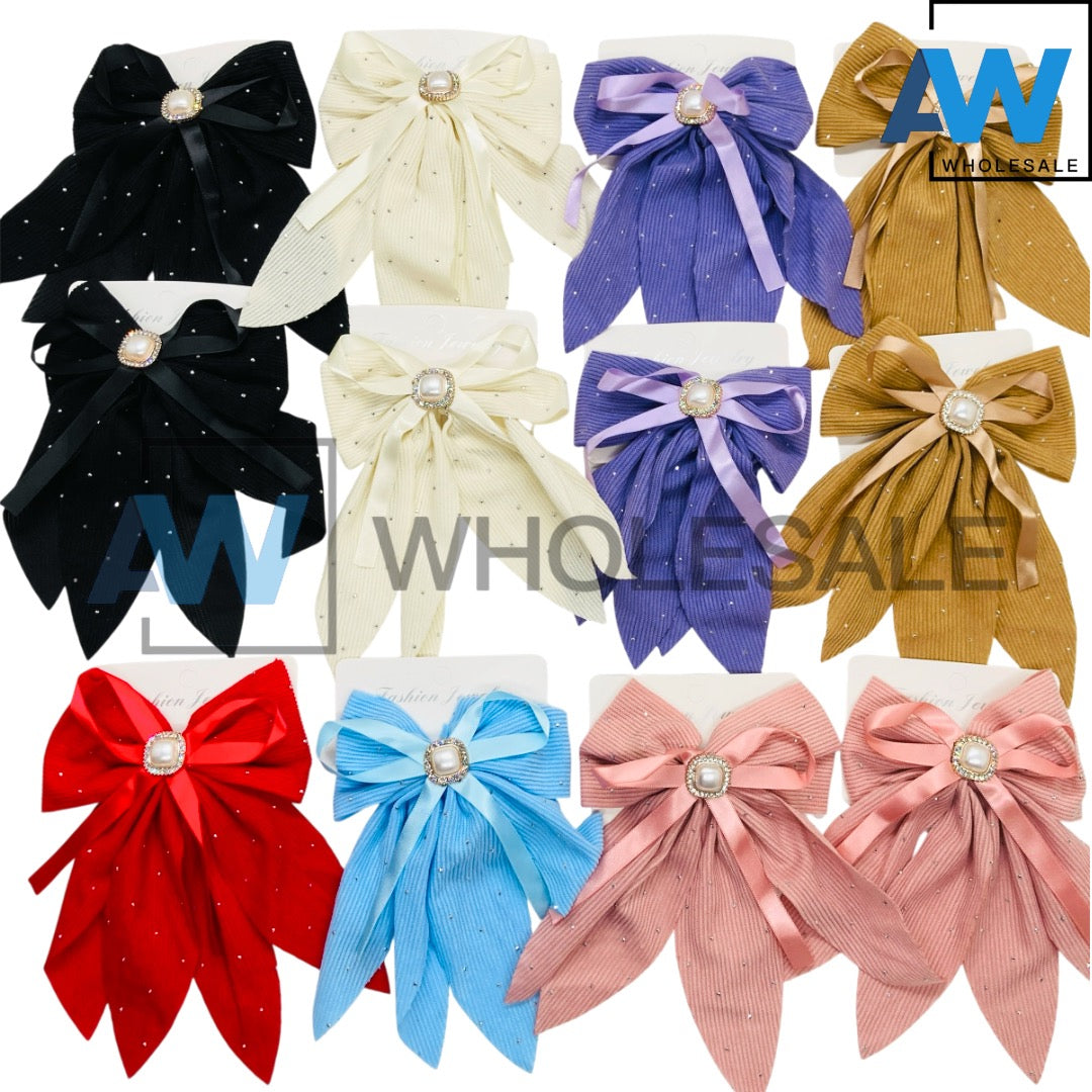 HPN-2619 (10 pcs) Gemstone Ribbon Bow Hair Clip