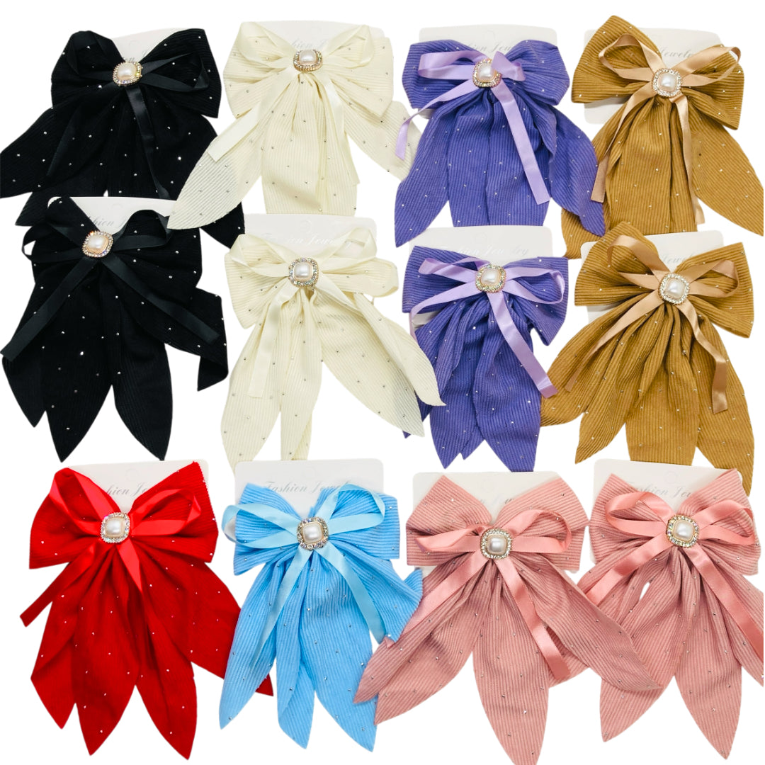 HPN-2619 (10 pcs) Gemstone Ribbon Bow Hair Clip