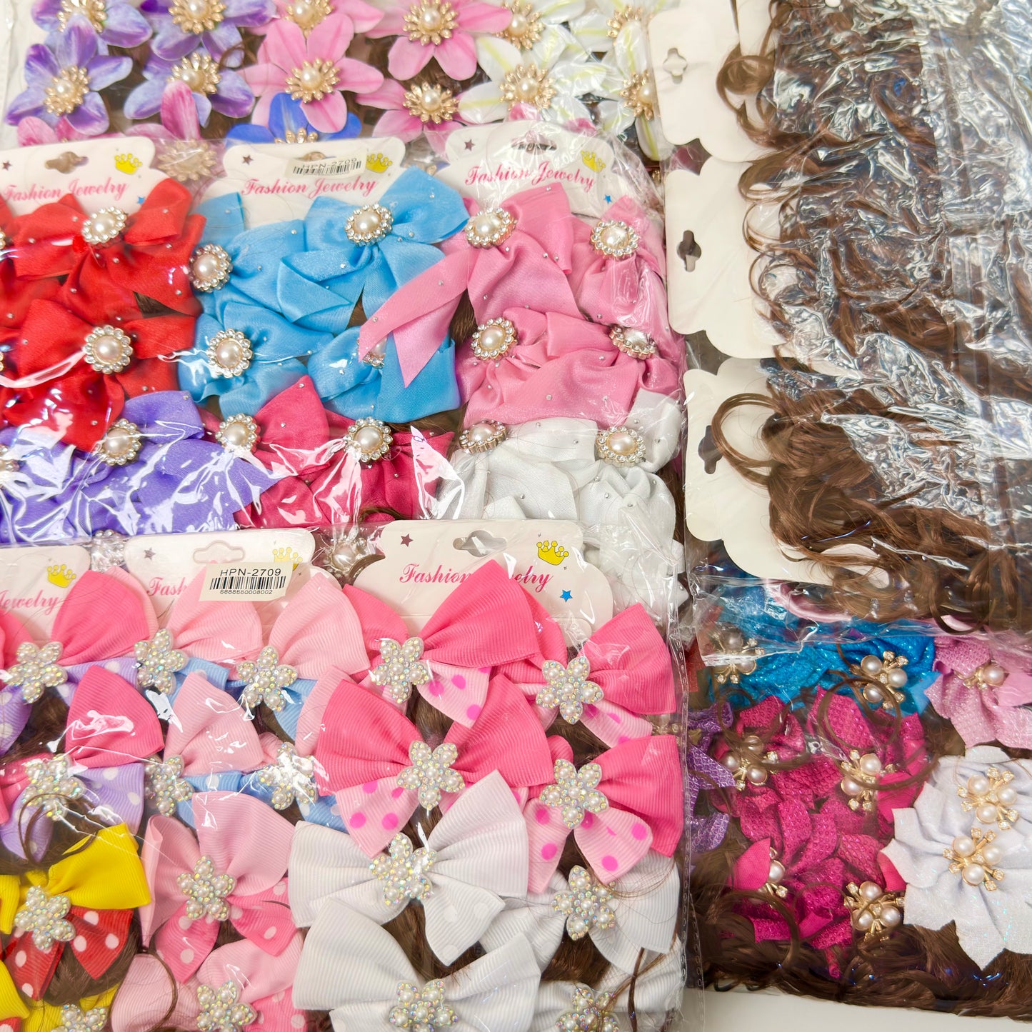 HPN-2709 (12 pairs) Pearl Bow Flower Hair Clip with Wig Curls