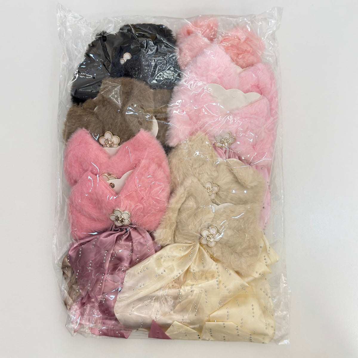 HPN-2744 (12 pcs) Pearl Fuzzy Ribbon Hair Clips