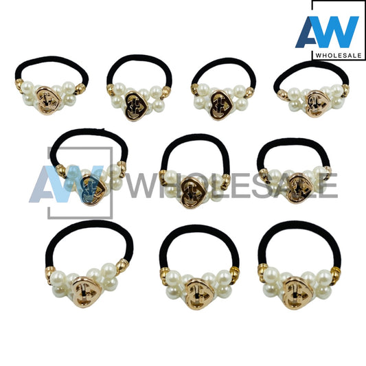 HPN-755 (10 pcs) Gold Ornament Pearl Elastic Hair Ties