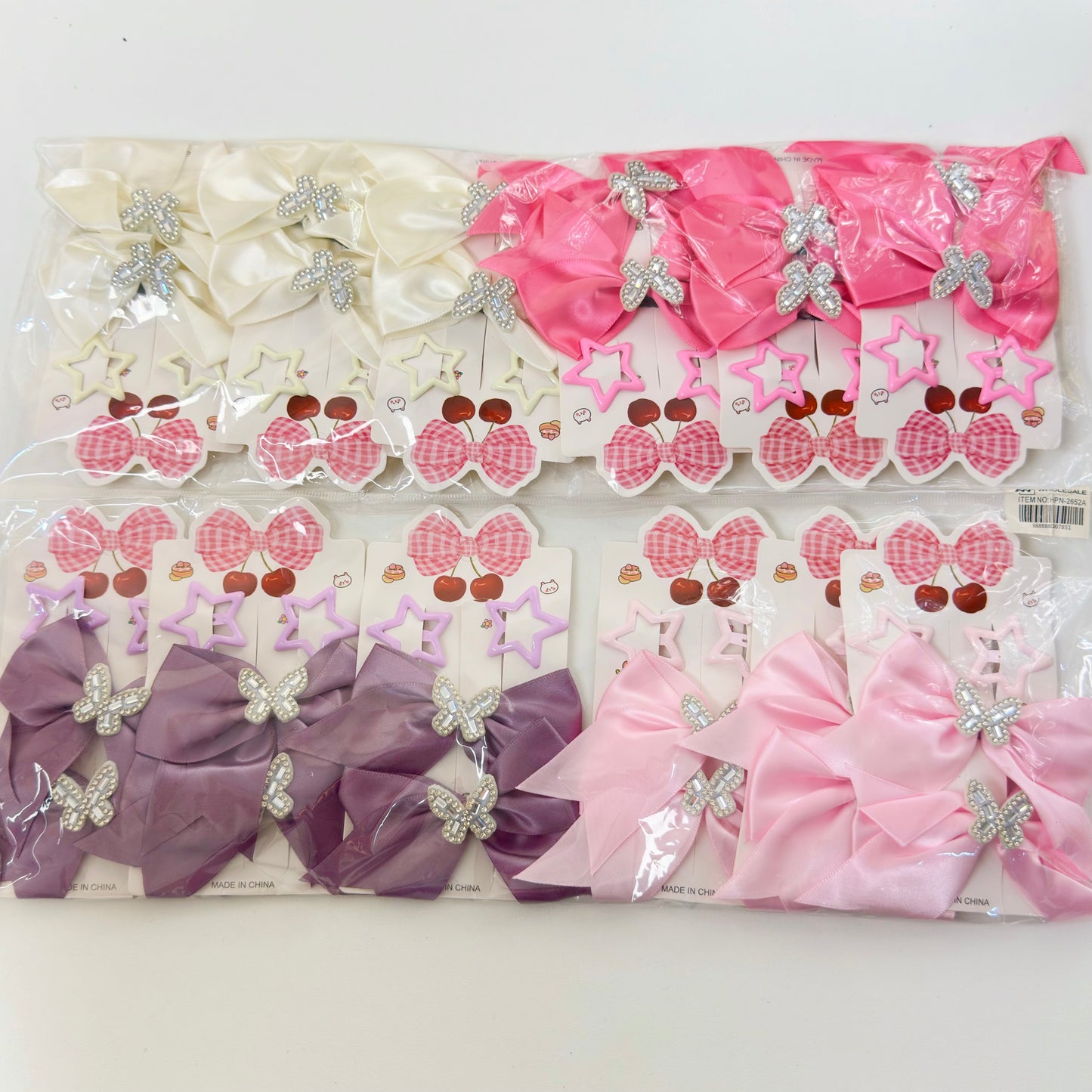 HPN-2652A (12 cards) Rhinestone Butterfly Satin Bow Star Snap Hair Clip Set