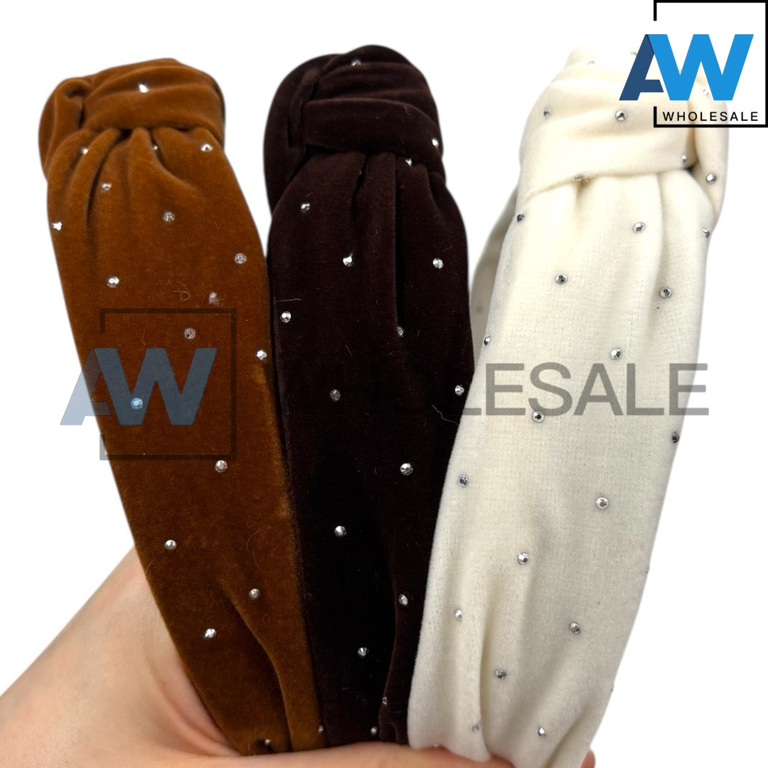 HB-1647 (12 pcs) Mini Bead Velvet Fabric Headbands