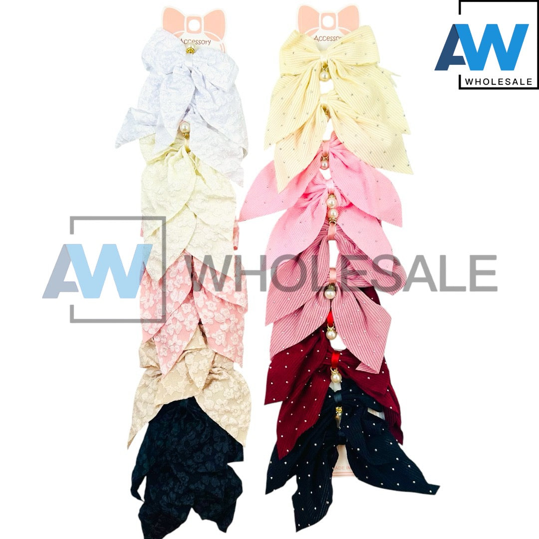 HPN-2412 (10 pcs) Fabric Ribbon with Pearl Ornament Hair Clip
