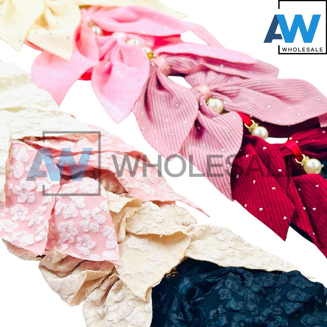 HPN-2412 (10 pcs) Fabric Ribbon with Pearl Ornament Hair Clip
