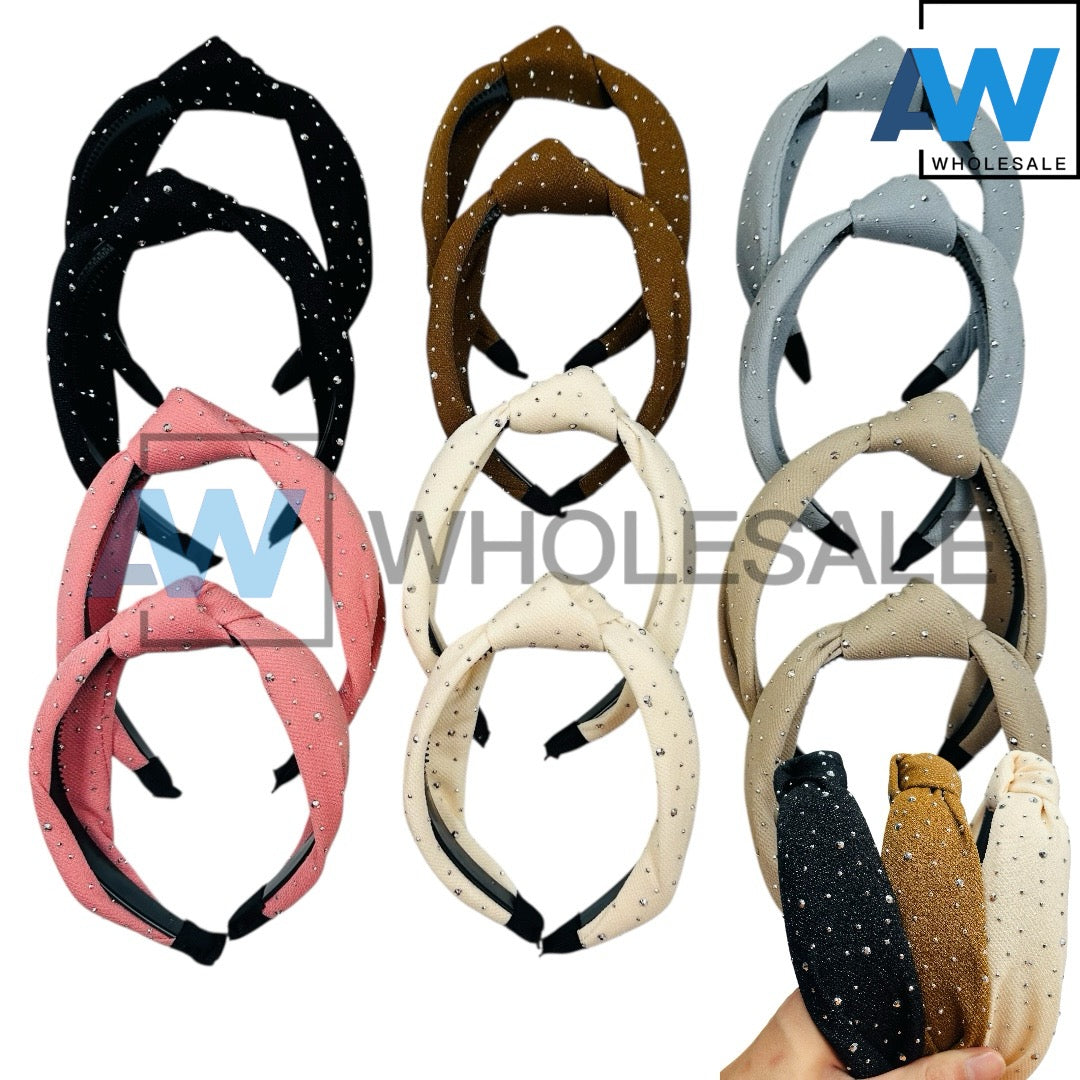 HB-1653 (12 pcs) Mini Bead Knotted Fabric Headbands