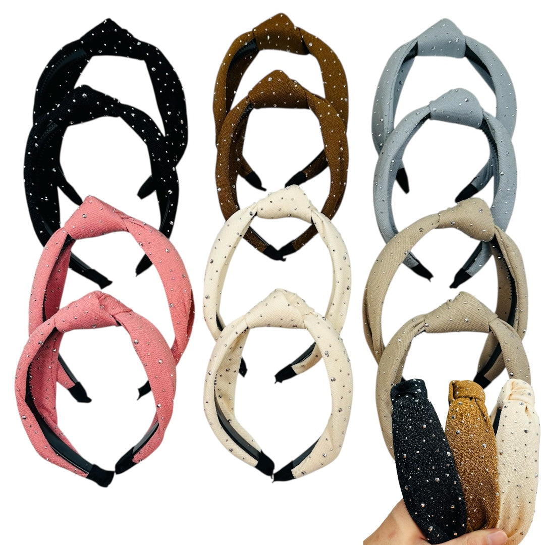 HB-1653 (12 pcs) Mini Bead Knotted Fabric Headbands