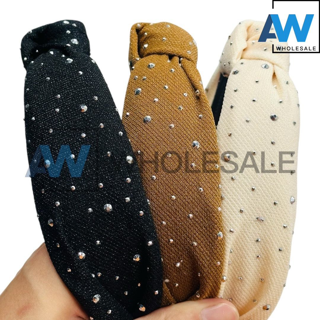 HB-1653 (12 pcs) Mini Bead Knotted Fabric Headbands