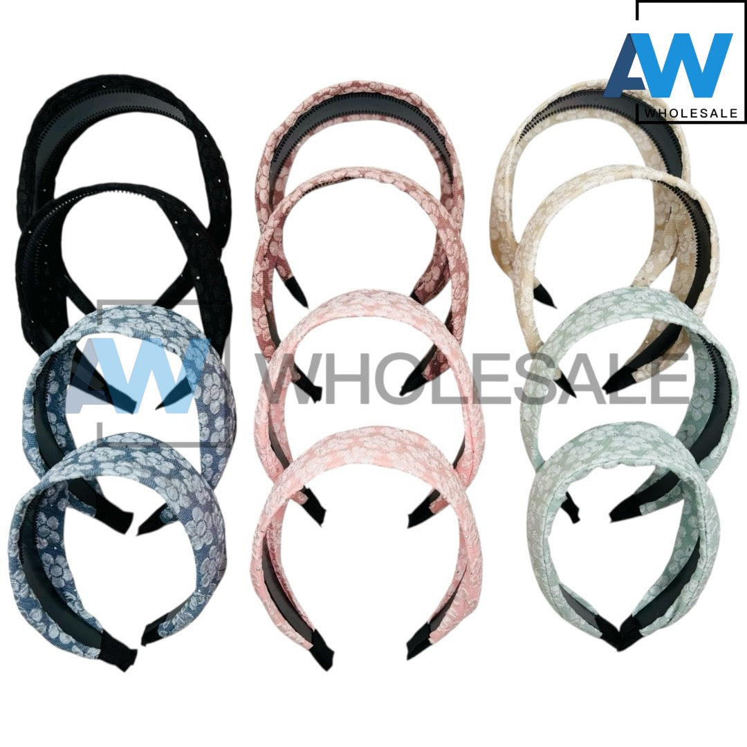HB-1649 (12 pcs) Flower Pattern Lace Headbands