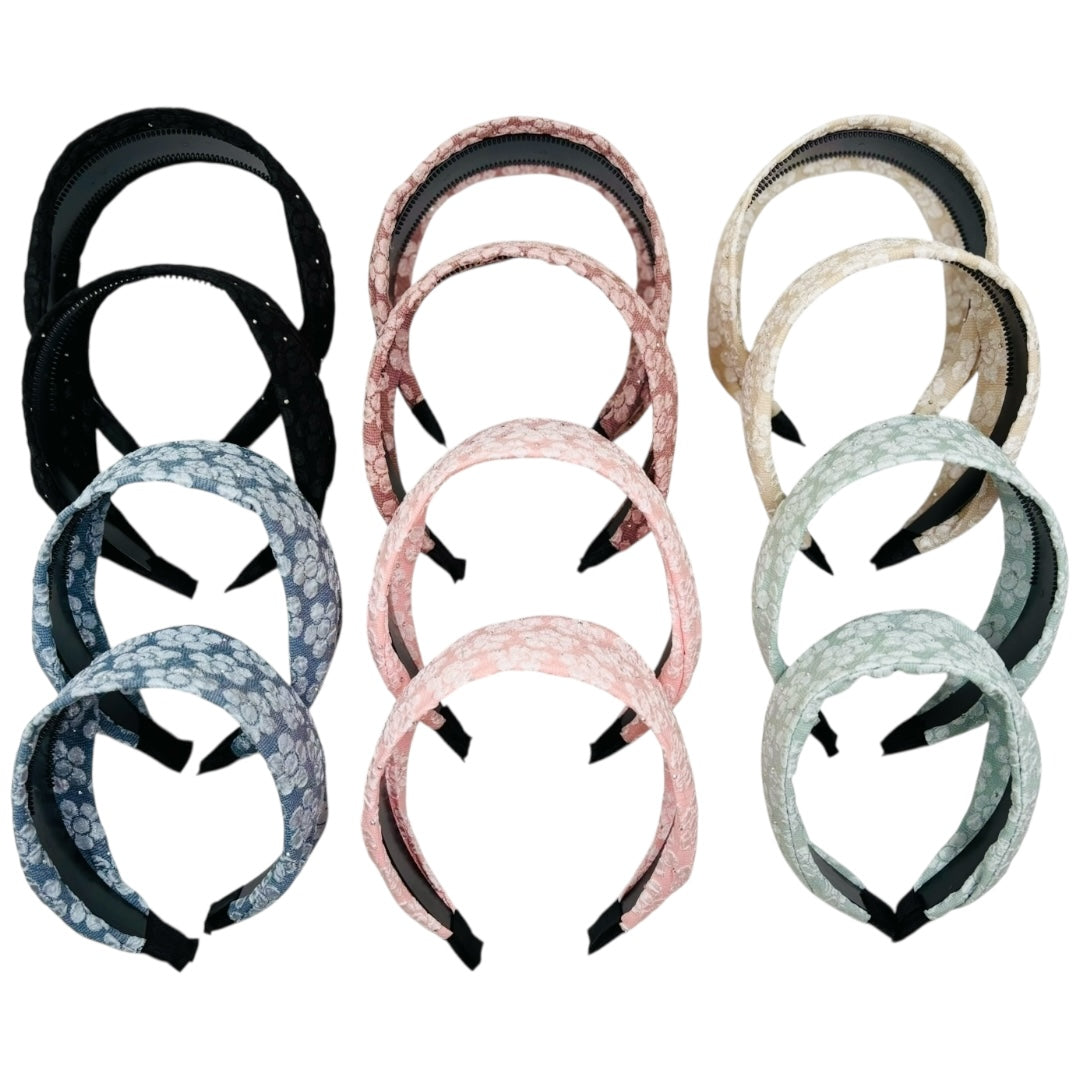 HB-1649 (12 pcs) Flower Pattern Lace Headbands
