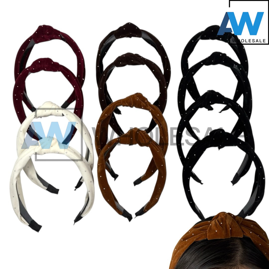 HB-1647 (12 pcs) Mini Bead Velvet Fabric Headbands