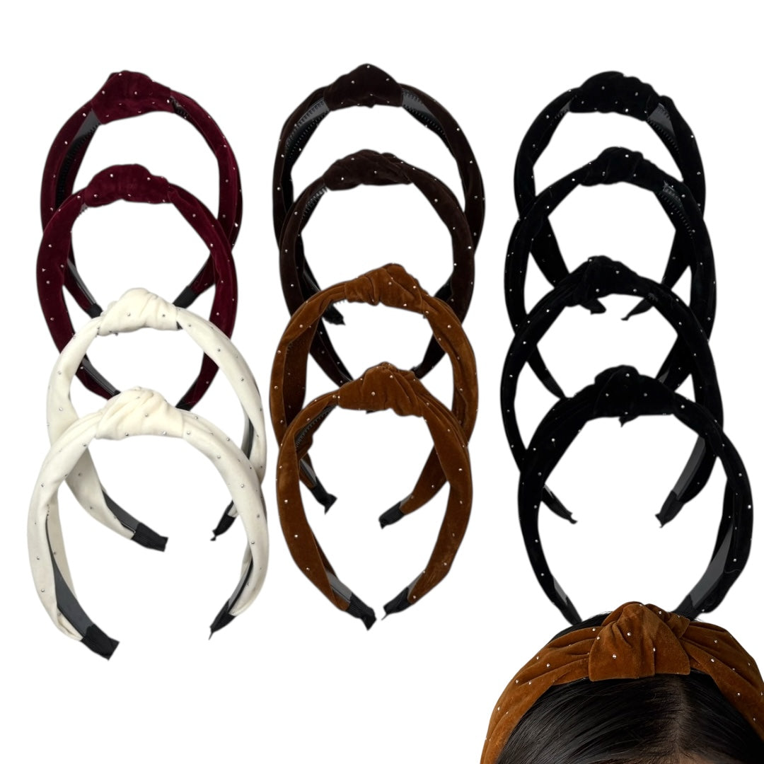 HB-1647 (12 pcs) Mini Bead Velvet Fabric Headbands