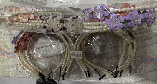 HB-1707 (12 pcs) Flower Pearl Metal Headbands