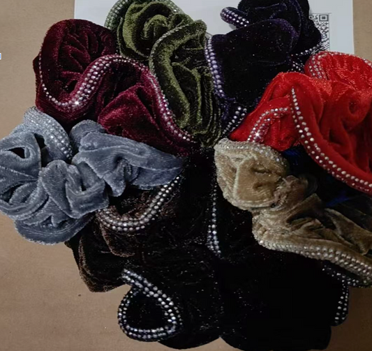 HPN-2457 (10 pcs) Rhinestone Encrusted Velvet Scrunchies