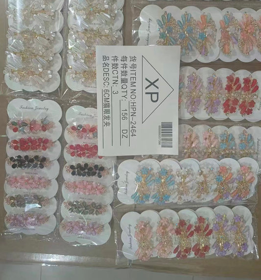 HPN-2464 (12 pcs) Gem stone Metal Barette Hair Clips