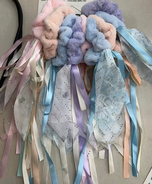 HPN-2471 (10 pcs) Faux Fur Ribbon Tail Scrunchies Hair TIes