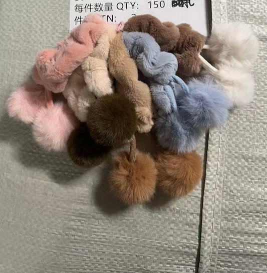 HPN-2468 (10 pcs) Pom Pom Faux Fur Scrunchies Hair Ties